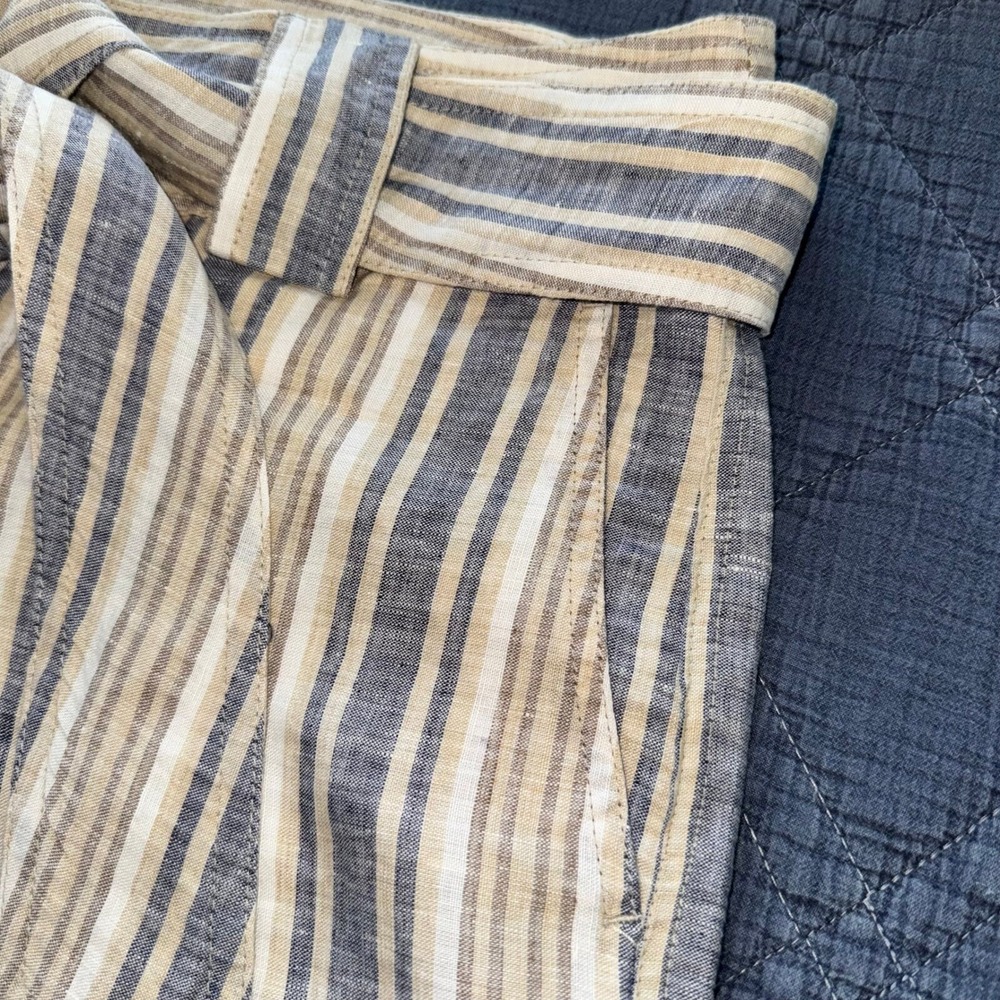 Zara Flax Linen Striped Tie-Waist Shorts Coastal Summer Blue Tan White Size MED - Picture 5 of 15